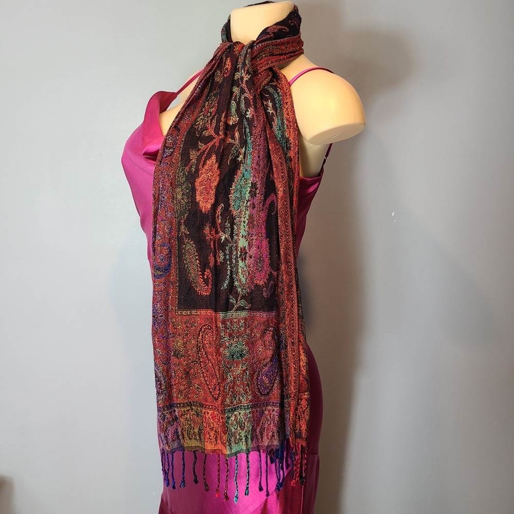 Sacred Threads Soft Scarf Fringe Patchwork Paisley Boho Art Gypsy 70" Long